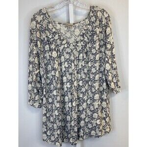 Lucky Brand Women’s 2X Floral Boho Peasant Tunic Top Blue Cream 3/4 Sleeve